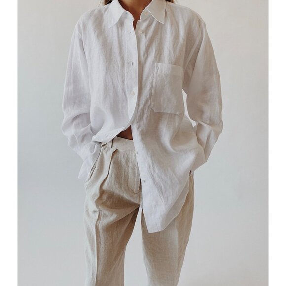H&M Oversized Button Up Shirt Linen Minimalist White Lightweight Sz M - Picture 1 of 15